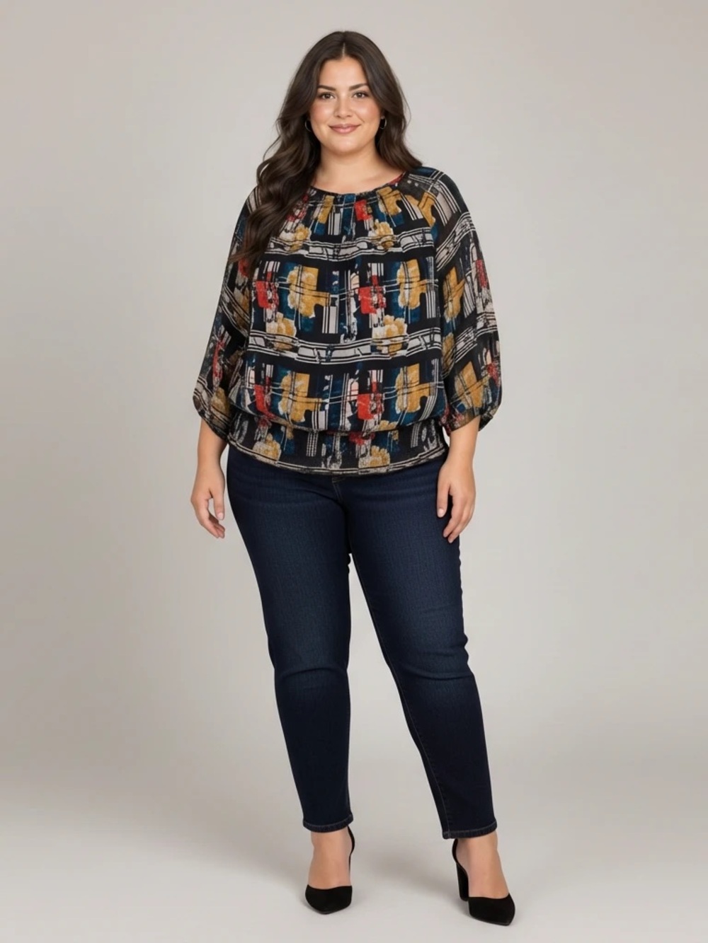 CJ Banks Black Multi-Color Abstract Floral Chiffon Top Women’s Plus Size X/14W